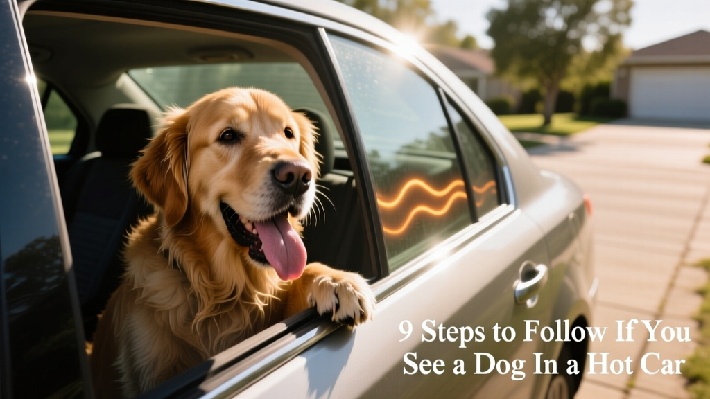 A distressed dog panting heavily inside a parked car with closed windows on a sunny day
