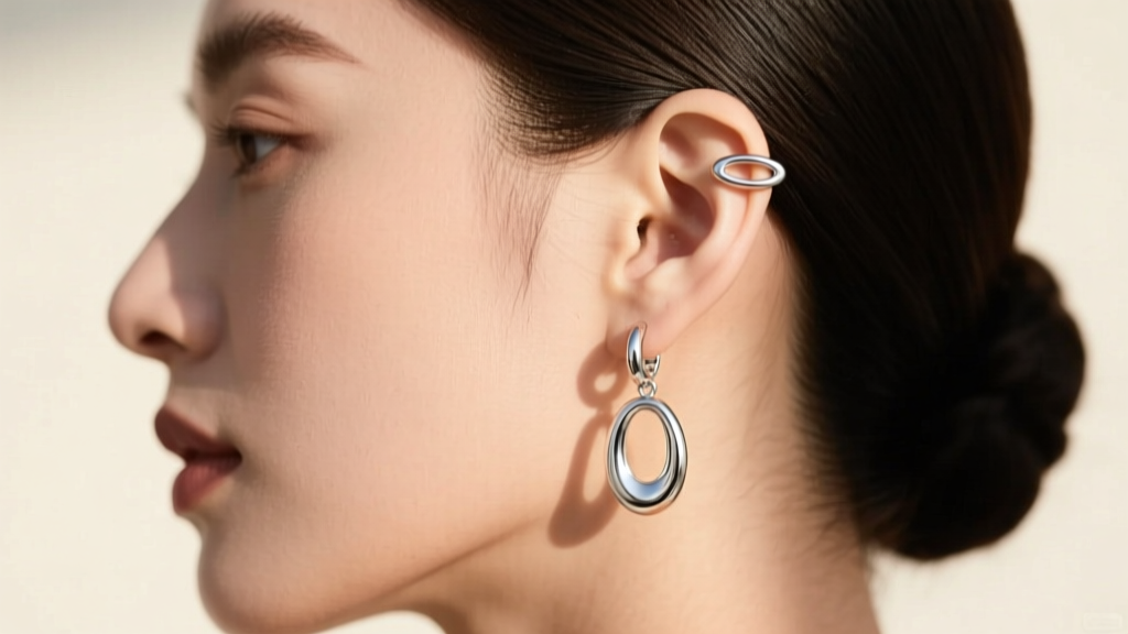 Side profile of a curated ear stack with a small silver oval hoop on upper cartilage and a larger oval drop on the lower earlobe