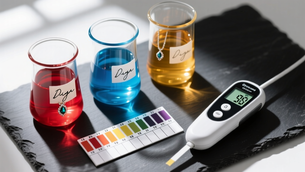 Overhead shot of three beakers with DIY jewelry cleaning liquids, alongside pH test strips and a digital meter on dark slate.