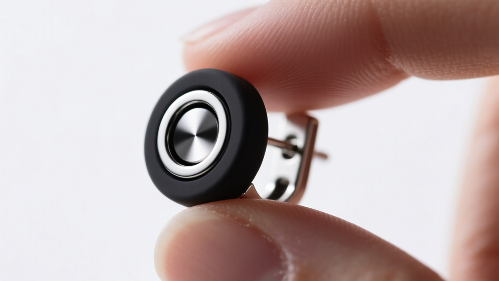 Extreme close-up of a magnetic clip-on earring with a neodymium core encased in black medical-grade silicone held between fingers.