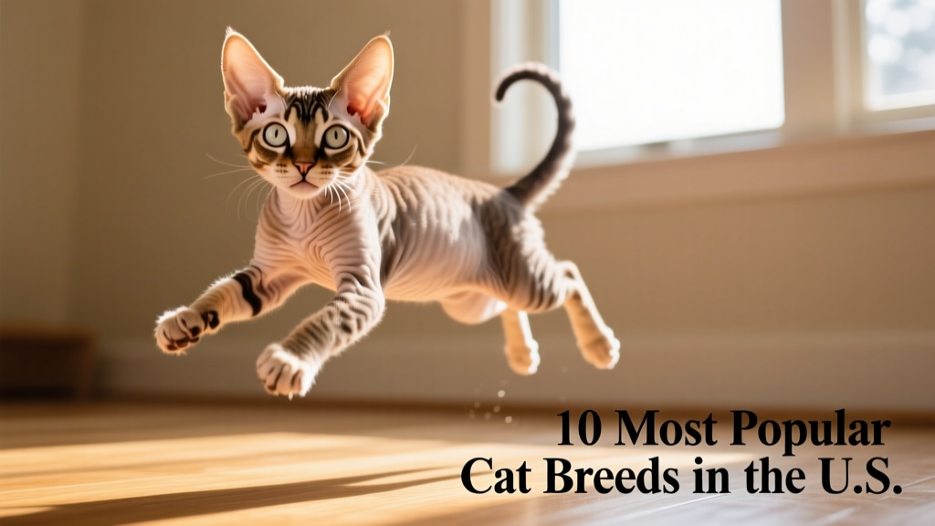 A playful Devon Rex kitten mid-leap, showcasing its large ears, short wavy coat, and energetic expression