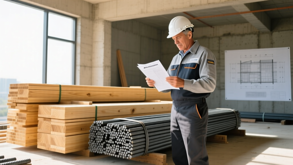 Structural engineer reviewing ASTM stamped mill test reports next to stacked dimensional lumber and steel rebar on a commercial site