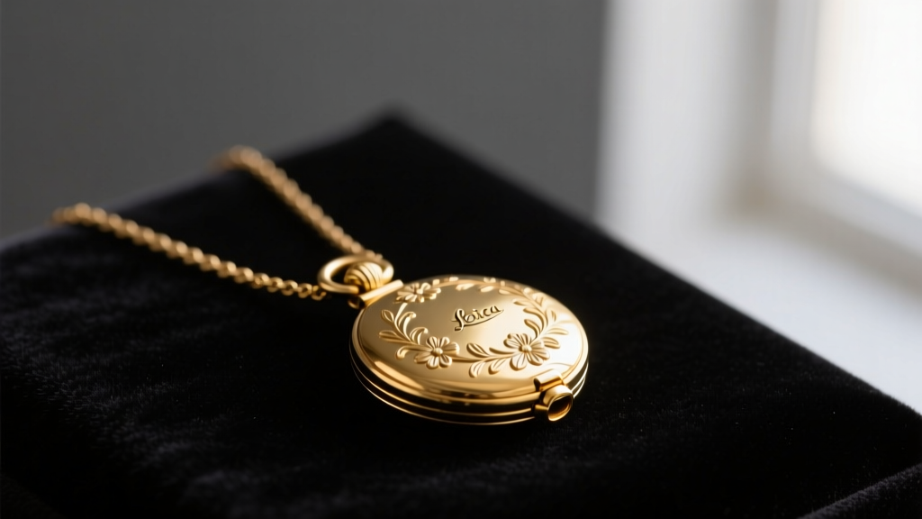 Antique 14k gold locket keepsake necklace on dark velvet, softly lit to highlight the delicate hinge and engraved floral motifs.