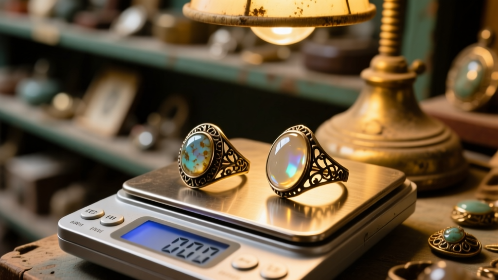 Digital pocket scale weighing tarnished pot-metal vintage costume rings and glass cabochons under a warm thrift store lamp.