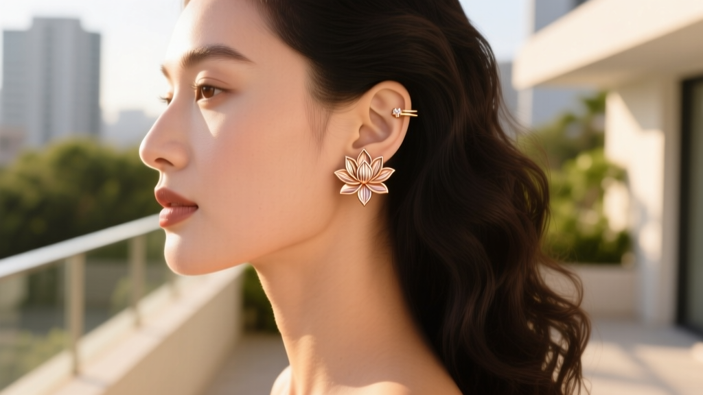 Side profile of a woman wearing a 14k rose gold lotus ear cuff on the upper helix cartilage, shot in warm natural sunlight.