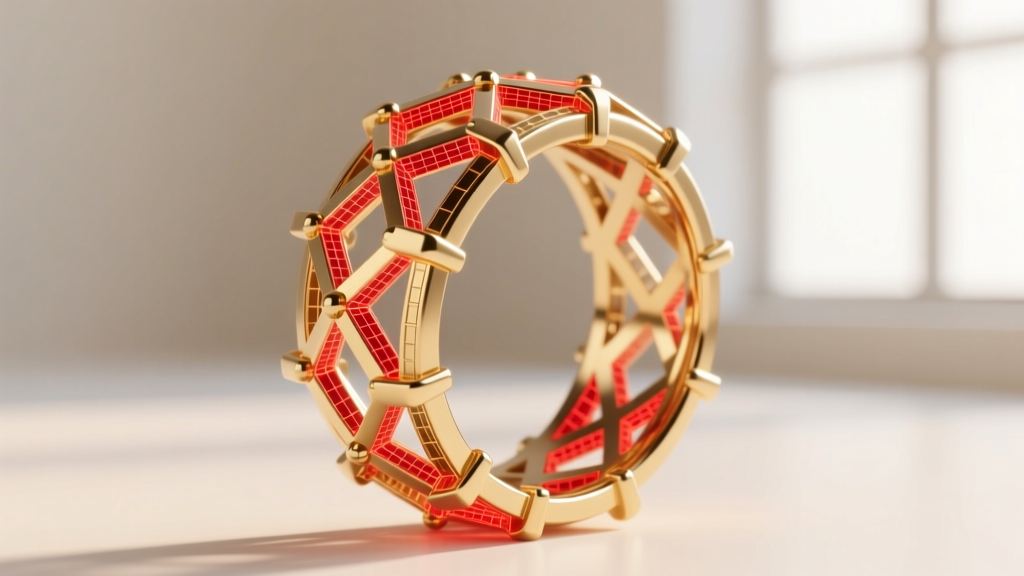 CAD wireframe of a complex gold lattice ring displaying stress heat maps in red at structural joints and prong settings
