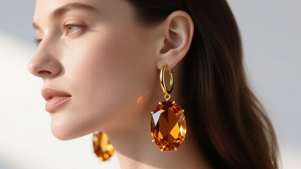 Side view of a woman wearing heavy brandy quartz dangle earrings, highlighting a thick 18-gauge gold French wire on her earlobe.