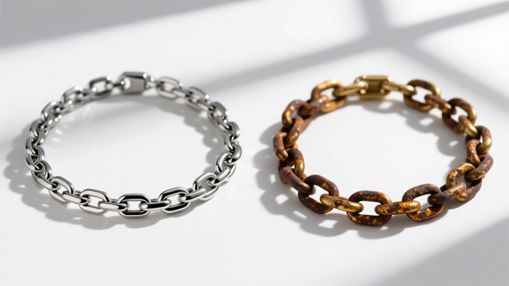Studio comparison on white showing a pristine PVD steel chain next to a heavily tarnished electroplated brass chain necklace.