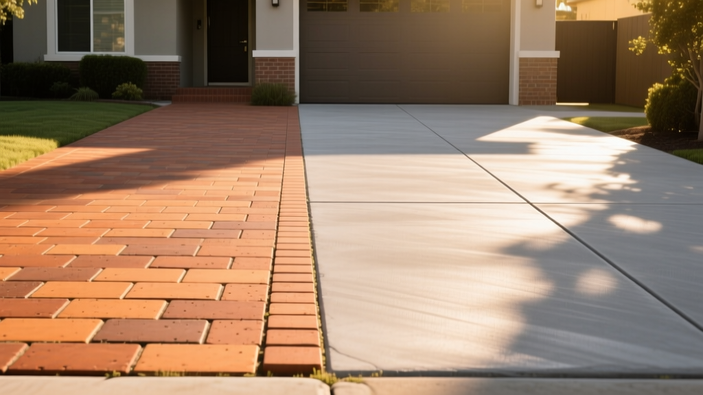 Driveway showing interlocking clay brick pavers on the left and smooth broom-finished poured concrete on the right in bright sunlight.