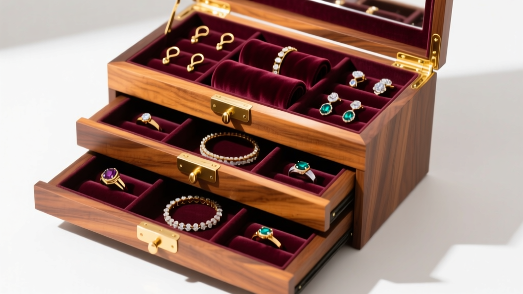 Top-down view of a massive three-tier walnut extra large jewelry box with open drawers revealing velvet ring rolls and hooks
