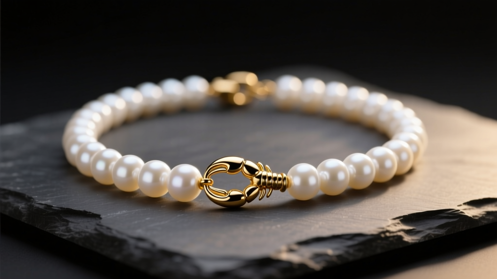Macro view of a white pearl necklace with a 14k gold lobster clasp resting on dark slate under soft, warm studio lighting.