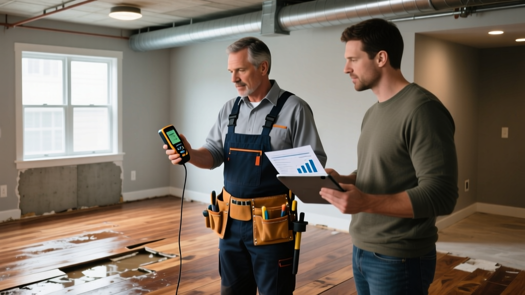 Contractor assessing water-damaged hardwood subfloor with moisture meter while discussing repair estimates and financing paperwork with homeowner