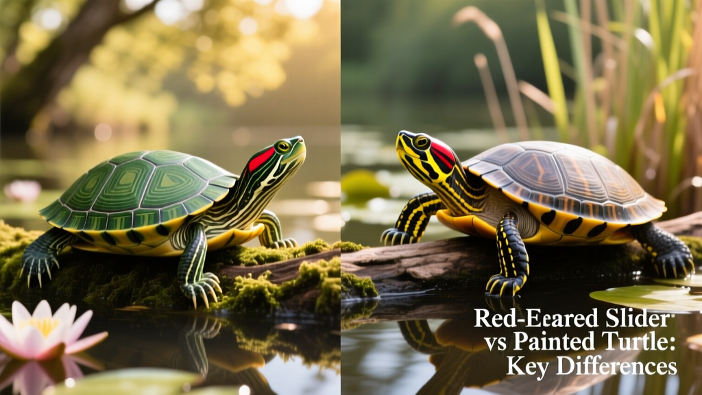 Side-by-side comparison showing a red-eared slider with its signature red ear stripe and a painted turtle with bold yellow and red markings on its head and limbs
