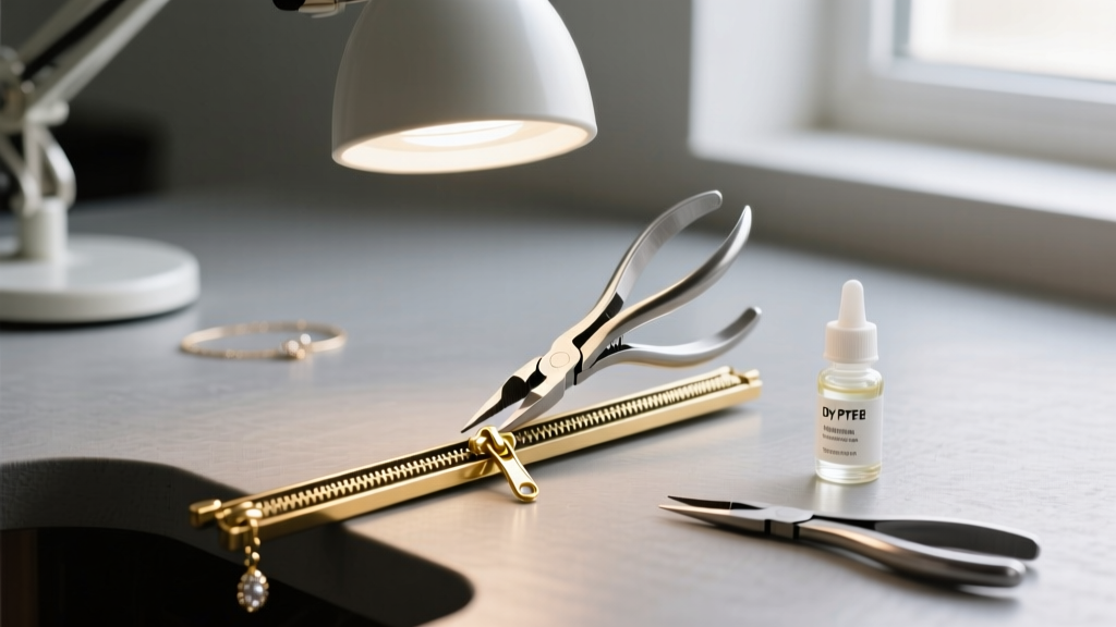 Jewelry bench with nylon pliers, dry PTFE lubricant, and a brass zipper earring track being fixed under a bright magnifying lamp.