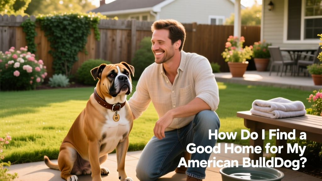 American Bulldog sitting calmly beside a smiling adult in a sunlit backyard