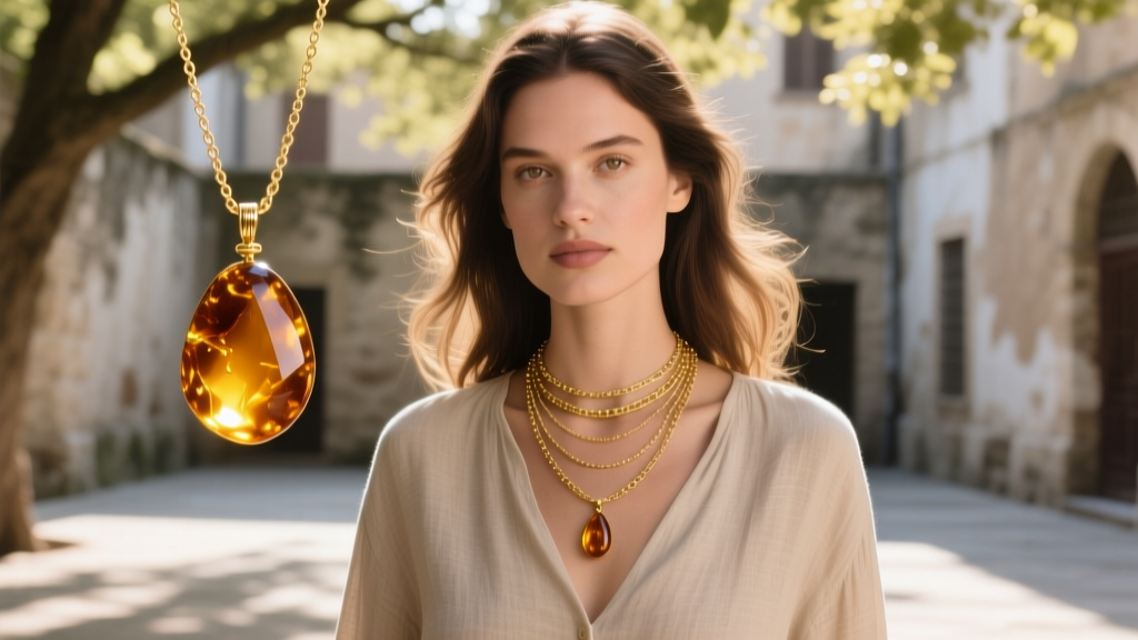 Woman wearing a layered necklace stack with an Artesia raw amber drop pendant and gold chains, photographed in soft warm sunlight.