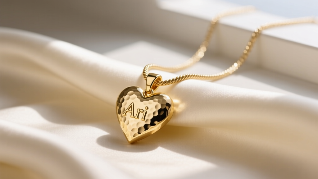 Textured 14k gold Ari heart pendant on cream silk, showing the hammered finish and delicate cable chain in soft natural light.