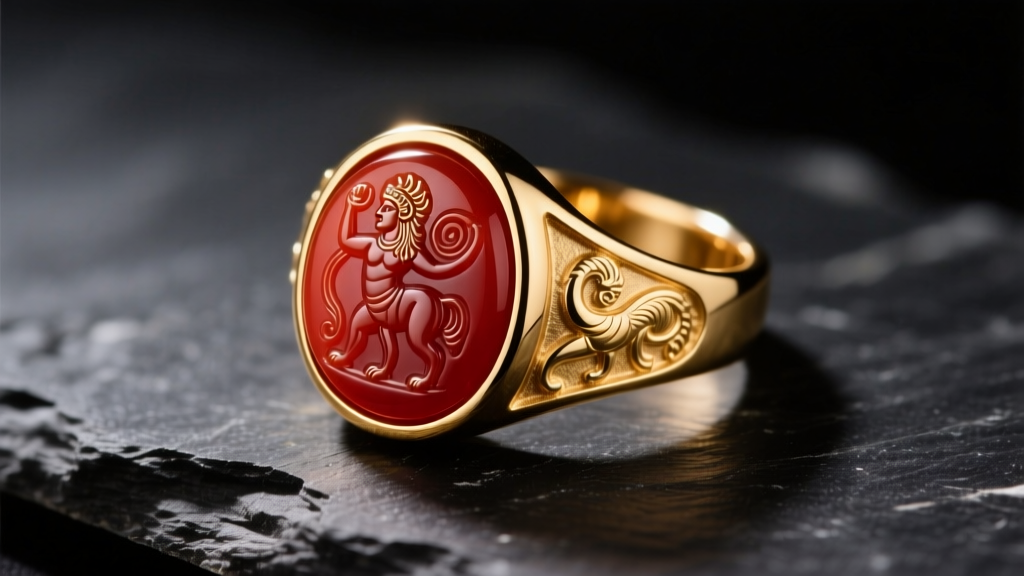 Macro shot of 18k gold Hellenistic ring with deep red carnelian intaglio stone, resting on dark slate under warm studio lighting