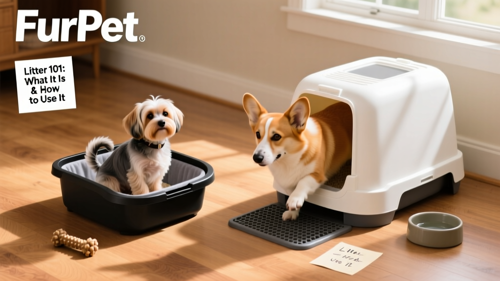 Side-by-side comparison: a compact FurPetVo litter box for small dogs and a spacious, low-profile version designed for medium breeds