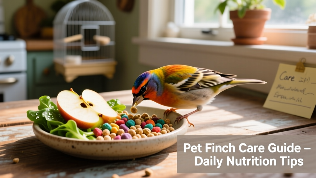 A close-up of a finch eating from a shallow dish filled with colorful pellets, fresh greens, and apple slices