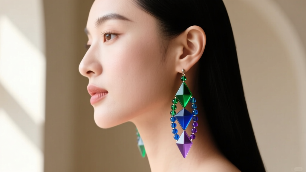 Side profile of a woman wearing long, geometric beaded dangle earrings that demonstrate perfect weight distribution on the earlobe