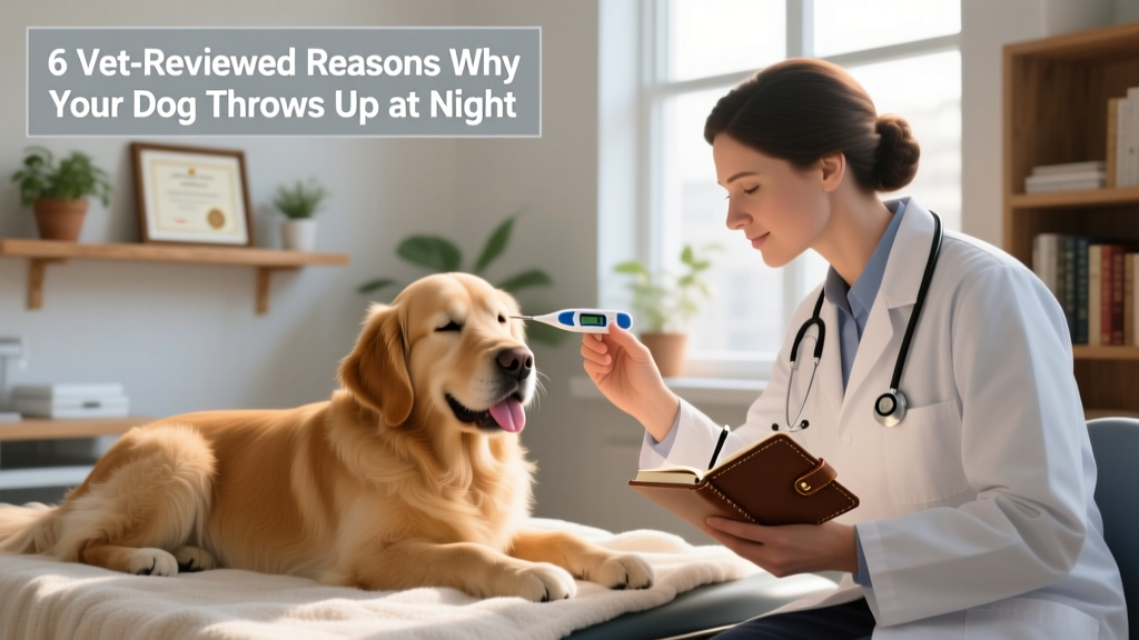 A veterinarian gently examining a relaxed dog while holding a digital thermometer and a small notebook