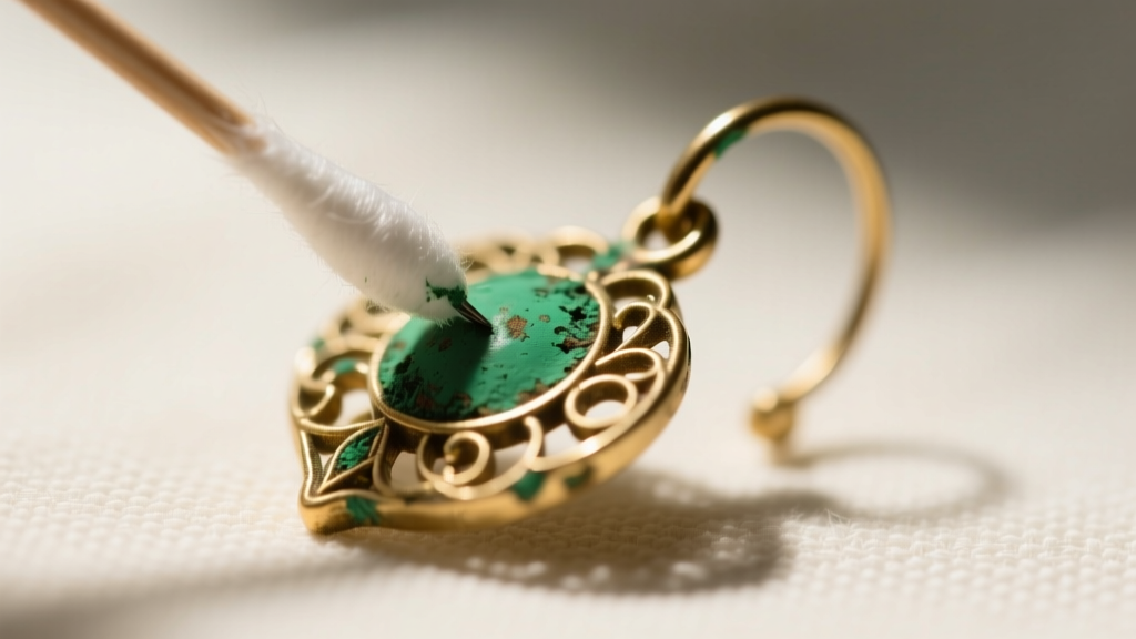 Macro shot of a cotton swab gently cleaning green verdigris corrosion from a brass earring post, highlighting delicate metalwork.