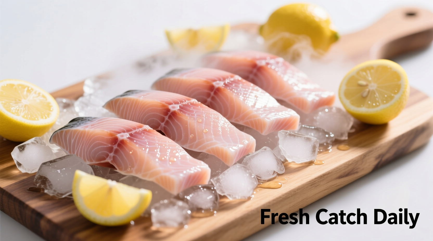 Fresh rockfish fillets on ice with lemon wedges