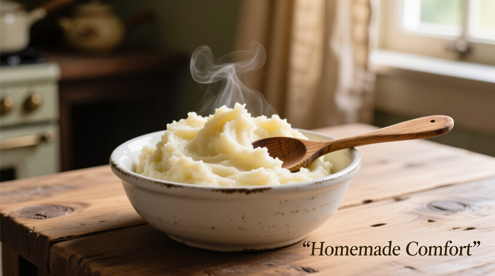 Creamy mashed potatoes in white bowl with wooden spoon