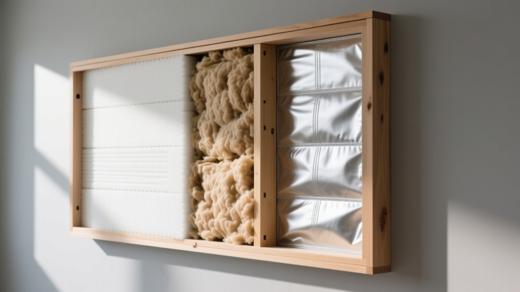 Cross-section of a modern wood-framed wall showing dense-pack cellulose, rigid foam continuous insulation, and vapor barrier layers