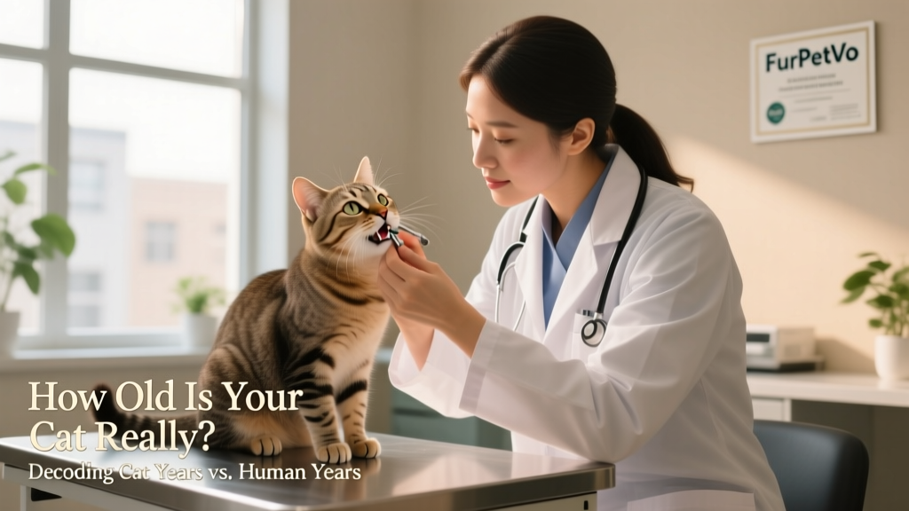 Veterinarian gently examining a cat’s teeth and eyes during a wellness check at FurPetVo-certified clinic
