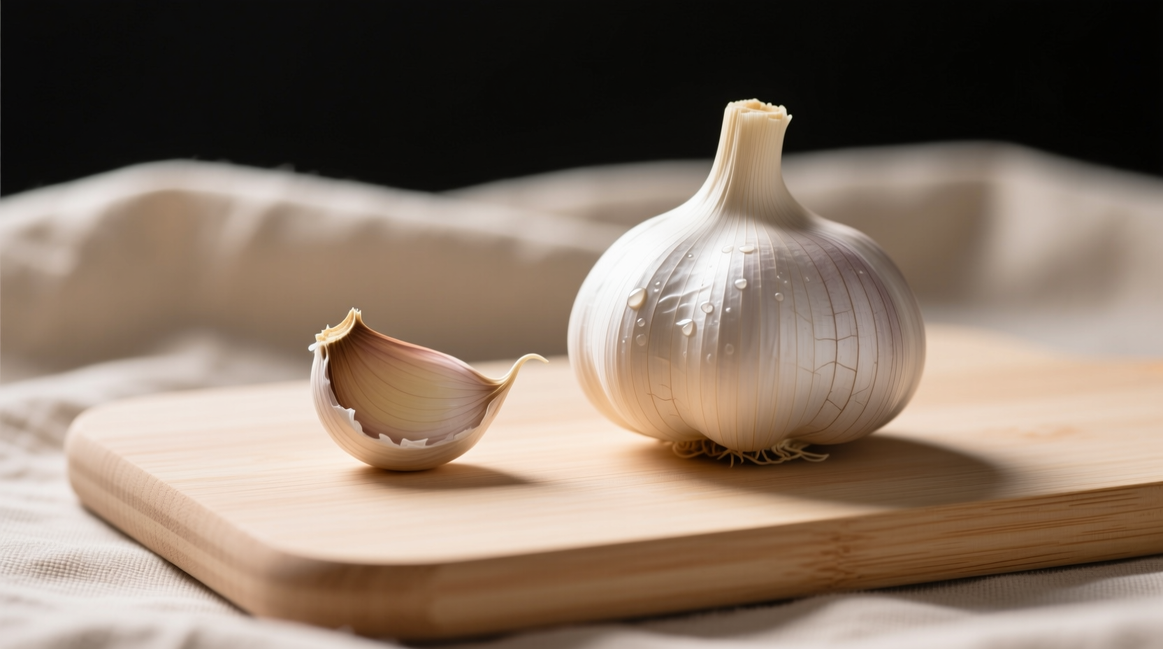 Weekday dinner prep showing small supermarket garlic clove next to large gourmet clove on cutting board - size impacts minced yield for recipe accuracy