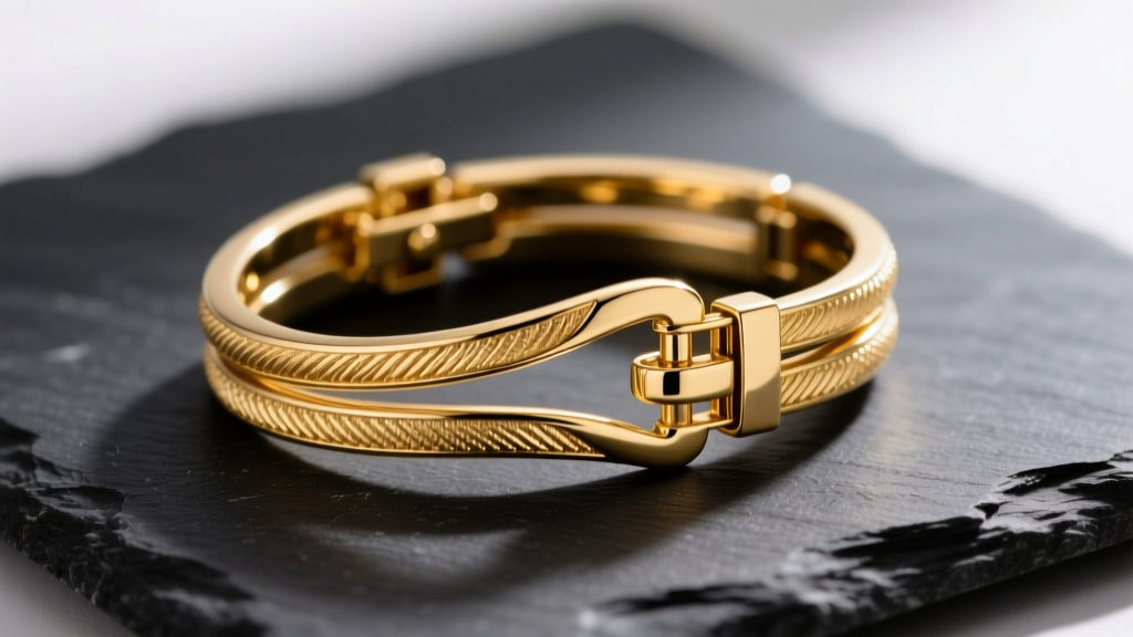Macro shot of a polished 14k yellow gold three-strand slide clasp with secure locking mechanisms resting on a dark slate surface