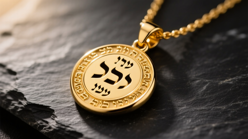 Close-up of a 14k yellow gold Shema necklace pendant with Hebrew engravings resting on dark slate under soft warm studio lighting.