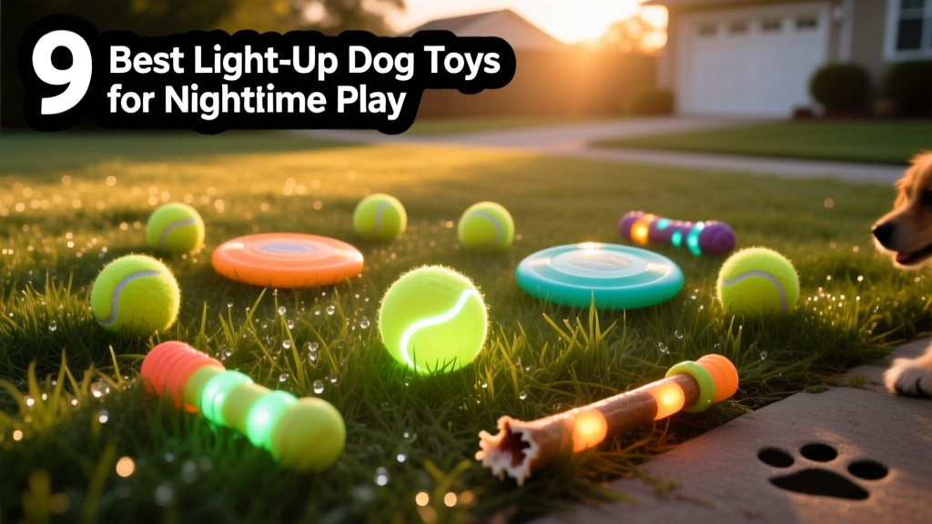 Assortment of light-up dog toys—including balls, discs, and fetch sticks—arranged on a grassy outdoor surface at dusk