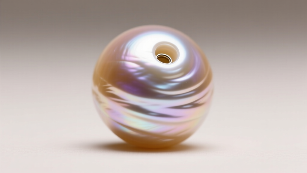Macro shot of a flat keshi pearl displaying rippled texture, iridescent overtone, and a precise top drill hole for stringing.
