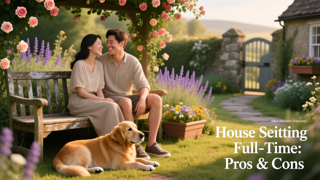 A couple smiles warmly as they sit side-by-side on a garden bench, surrounded by blooming flowers and a relaxed golden retriever resting at their feet.