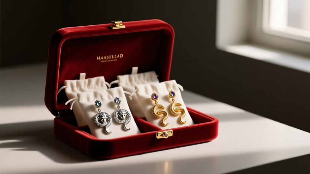 Open velvet jewelry box showing individual anti-tarnish pouches holding silver and gold Medusa drop earrings in a dim room
