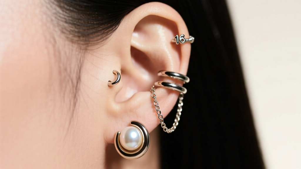 Real ear stack featuring a 16-gauge titanium seamless hoop, a pearl huggie, and a delicate chain ear cuff in soft light
