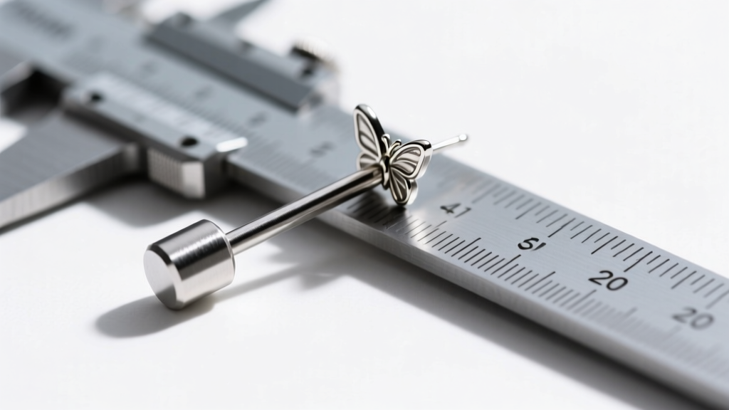 Side profile of a 20-gauge steel earring post with a butterfly friction back resting next to a millimeter gauge measuring tool.