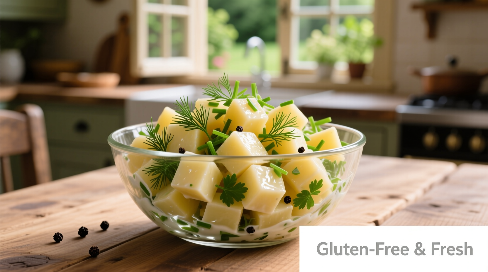 Homemade gluten-free potato salad in glass bowl with fresh herbs