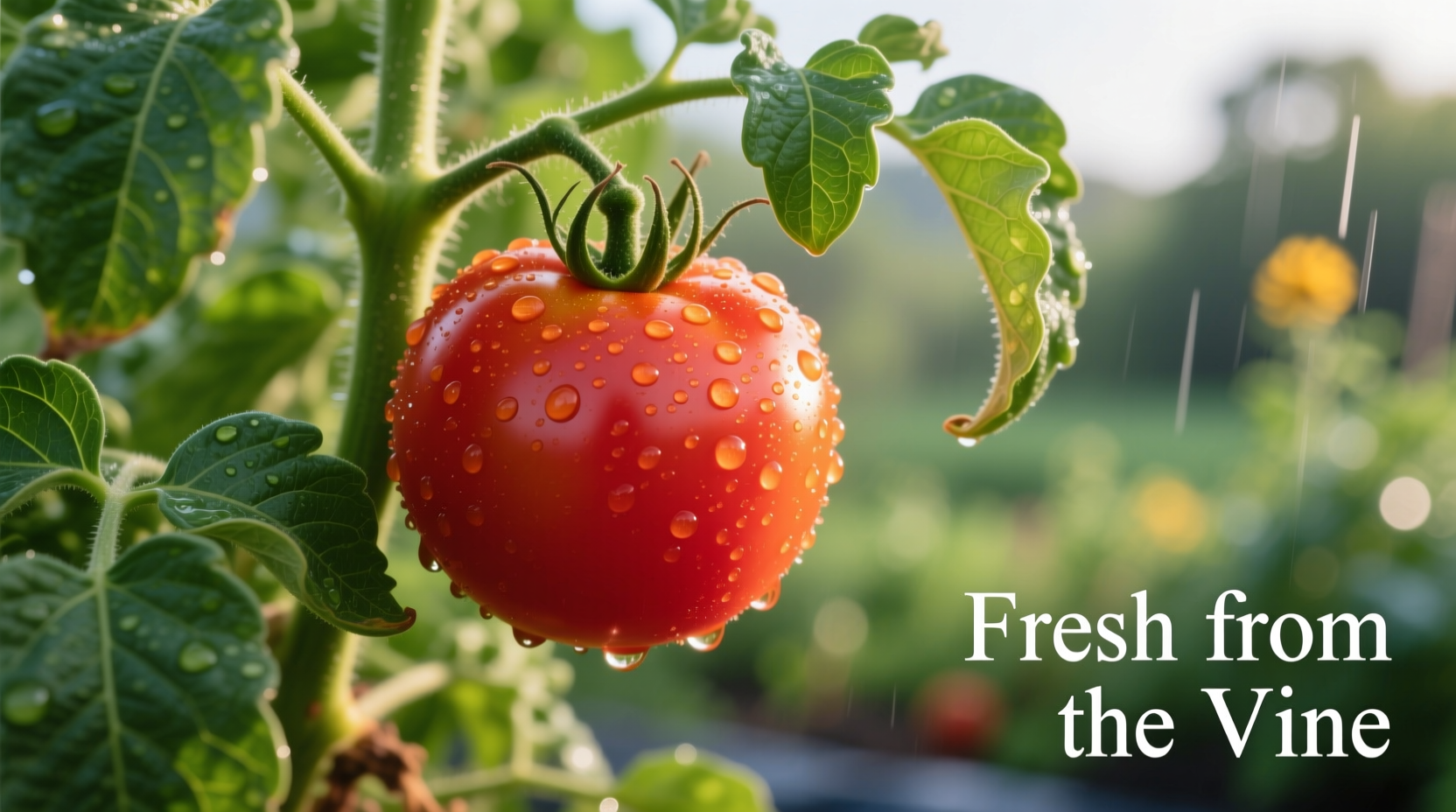 Fresh red tomato on vine with green leaves