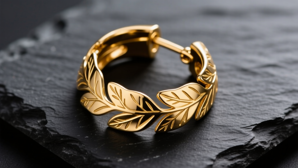 14k solid gold leaf hoop earrings on dark slate, showing stamped botanical veining and a latch clasp under soft studio lighting.
