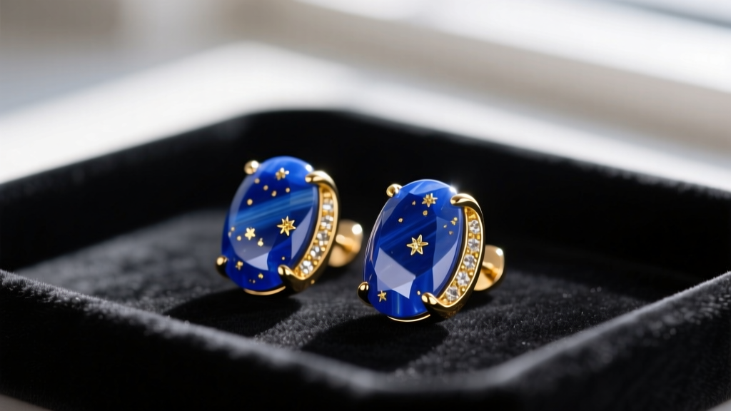 Macro shot of polished blue lapis lazuli stud earrings with golden pyrite flecks resting on a dark velvet jewelry tray