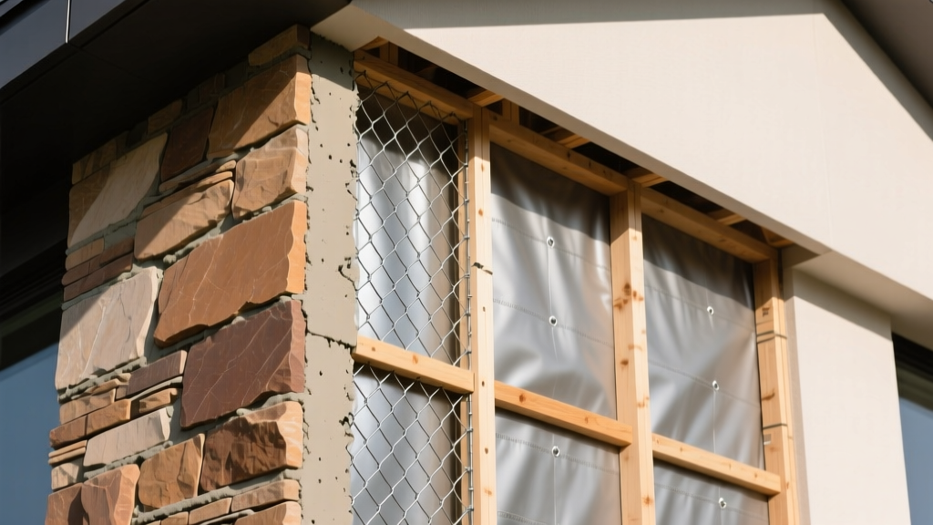 Exterior wall cross-section showing house stone veneer, mortar bed, galvanized wire lath, and weather barrier on wood framing