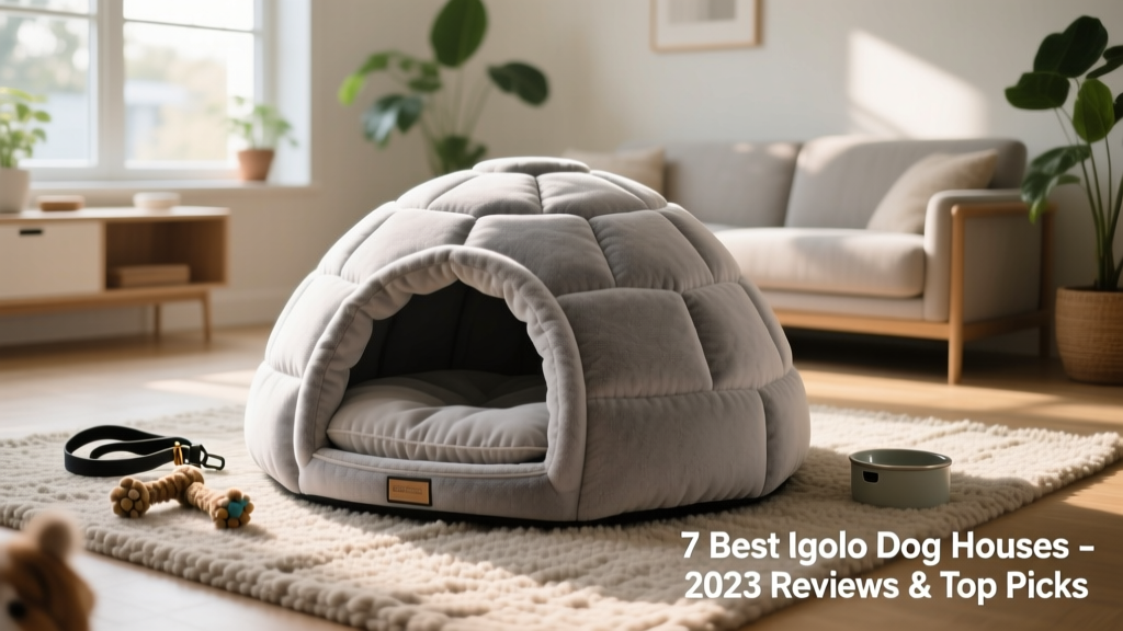 A cozy indoor igloo dog bed in soft gray plush fabric, with a removable cushion and rounded dome shape