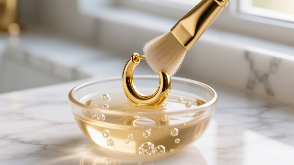 Close-up of a soft brush scrubbing a solid 18k gold huggie hoop earring in a small glass bowl of warm soapy distilled water