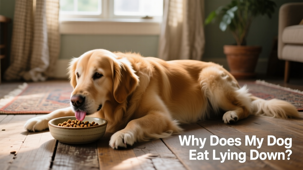 A golden retriever comfortably lying on its side while eating from a low bowl