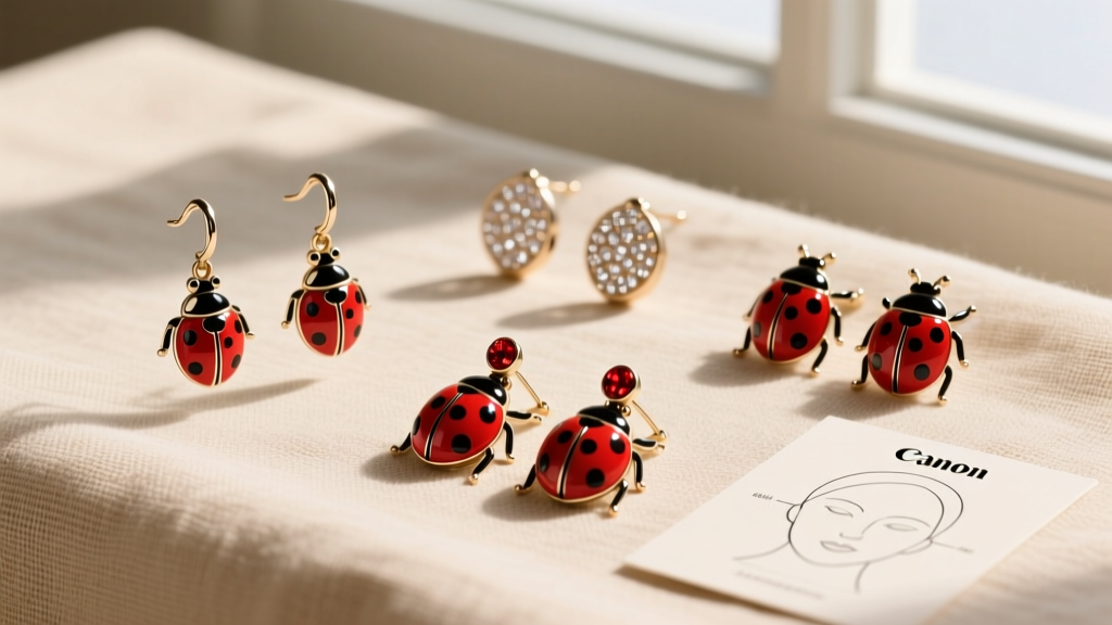 Flat lay of various lady bug earring styles including dangles and huggies on a beige linen background with a face shape chart.