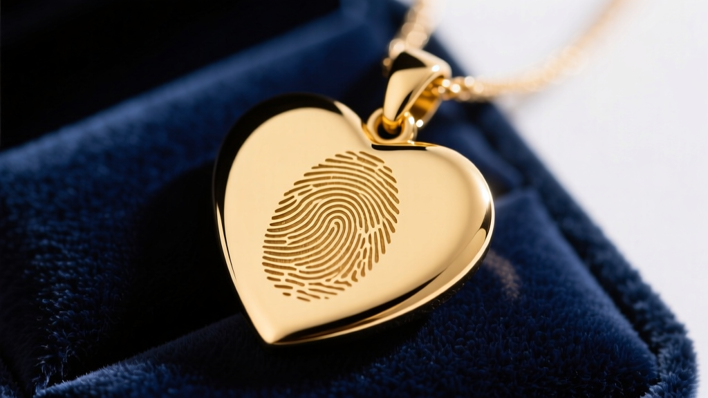 Close-up of a polished 14k yellow gold heart pendant on dark velvet, featuring a deeply laser-engraved human fingerprint pattern
